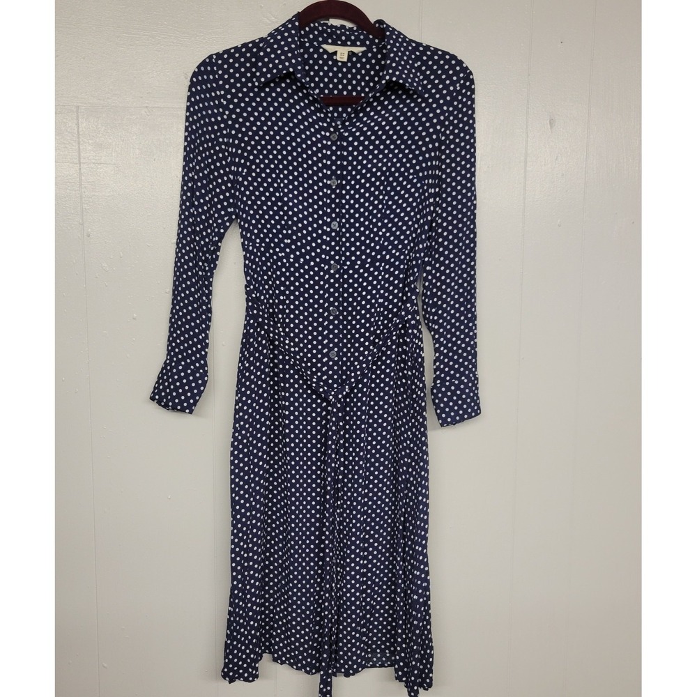 Boden 4P Button Front Belted Shirt Dress  Knee Length Polka Dot Blue
